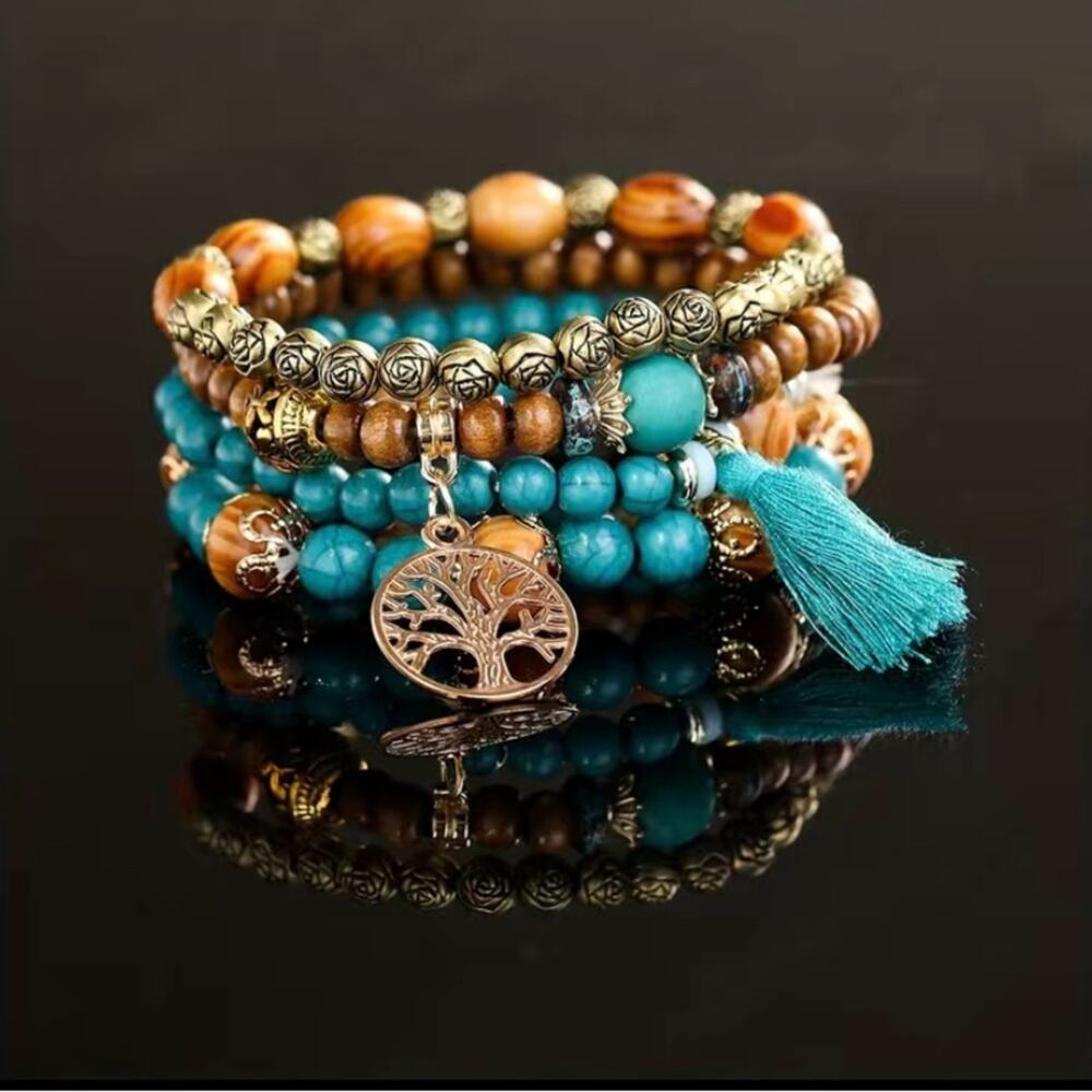Boho 4 pc Bracelet Turquoise Bohemian Tree of Life Charm Sunshine Vibez